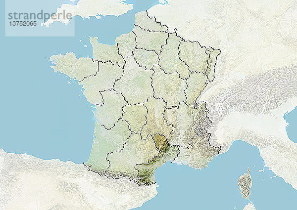 Reliefkarte von Frankreich  die die Region Languedoc-Roussillon zeigt. Dieses Bild wurde aus Daten der Satelliten LANDSAT 5 und 7 in Kombination mit Höhendaten erstellt.
