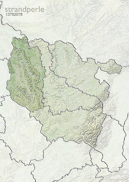 Reliefkarte des Departements Meuse in Lothringen  Frankreich. Es wird im Norden von Luxemburg und Belgien begrenzt. Dieses Bild wurde aus Daten der Satelliten LANDSAT 5 und 7 in Kombination mit Höhendaten erstellt.