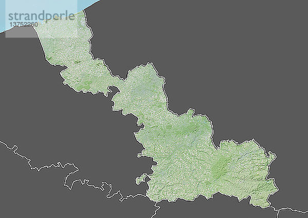 Reliefkarte des Departements Nord  Frankreich. Es wird im Norden von der Nordsee und im Osten von Belgien begrenzt. Dieses Bild wurde aus Daten der Satelliten LANDSAT 5 und 7 in Kombination mit Höhendaten erstellt.
