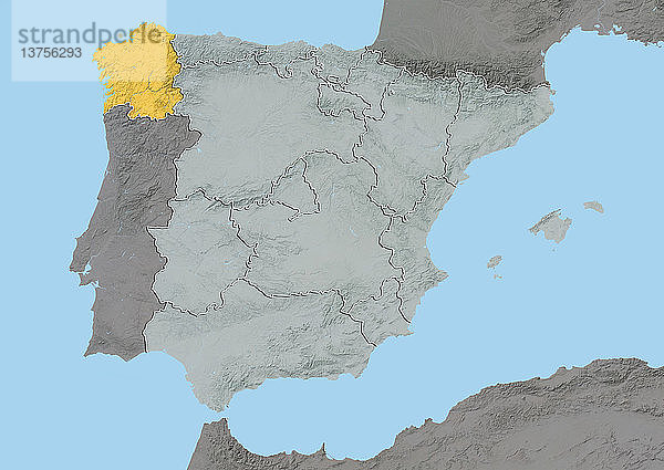 Reliefkarte von Galicien  Spanien. Dieses Bild wurde aus Daten der Satelliten LANDSAT 5 und 7 in Kombination mit Höhendaten erstellt.