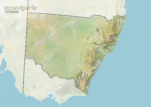 Reliefkarte des Bundesstaates New South Wales  Australien. Dieses Bild wurde aus Daten der Satelliten LANDSAT 5 und 7 in Kombination mit Höhendaten erstellt.