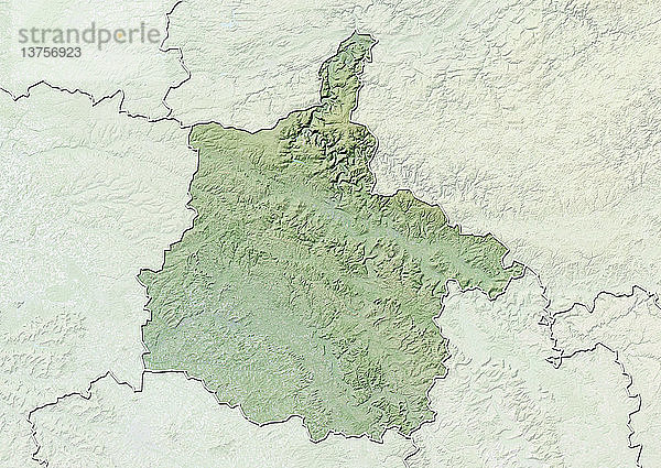 Reliefkarte des Departements Ardennen  Frankreich. Es wird im Norden von Belgien begrenzt. Dieses Bild wurde aus Daten der Satelliten LANDSAT 5 und 7 in Kombination mit Höhendaten erstellt.
