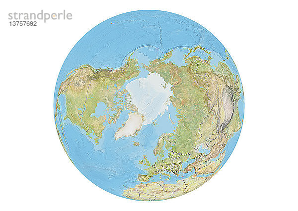 Dieses Bild zeigt den Erdglobus auf weißem Hintergrund mit Fokus auf den Nordpol  mit Ländergrenzen und Meeresrelief.