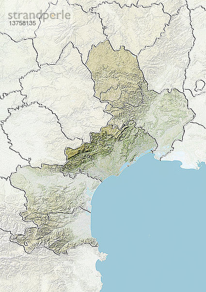 Reliefkarte des Departements Herault im Languedoc-Roussillon  Frankreich. Im Norden befinden sich die Cevennen und im Süden das Mittelmeer. Dieses Bild wurde aus Daten der Satelliten LANDSAT 5 und 7 in Kombination mit Höhendaten erstellt.