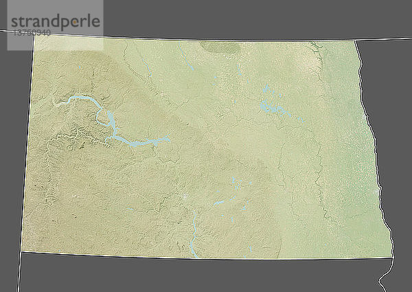 Reliefkarte des Bundesstaates North Dakota  Vereinigte Staaten. Dieses Bild wurde aus Daten der Satelliten LANDSAT 5 und 7 in Kombination mit Höhendaten erstellt.