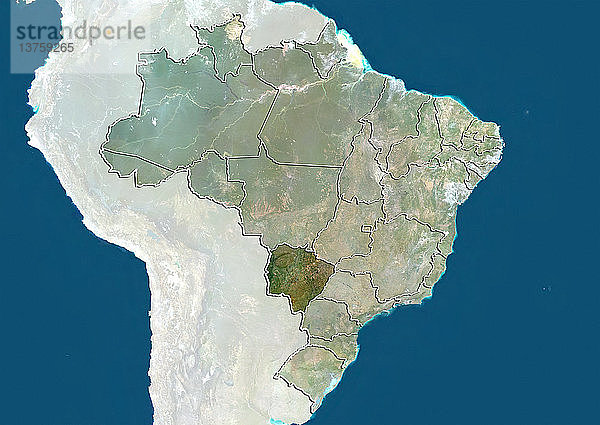 Satellitenbild von Brasilien  das den Bundesstaat Mato Grosso do Sul zeigt. Dieses Bild wurde aus Daten zusammengestellt  die von den Satelliten LANDSAT 5 und 7 erfasst wurden.