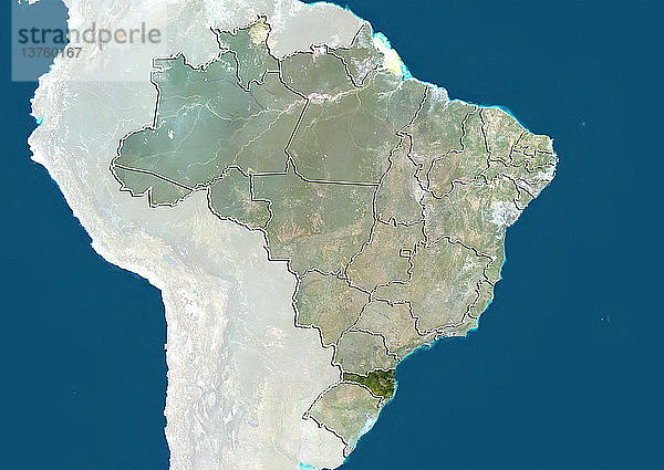 Satellitenbild von Brasilien  das den Bundesstaat Santa Catarina zeigt. Dieses Bild wurde aus Daten zusammengestellt  die von den Satelliten LANDSAT 5 und 7 erfasst wurden.