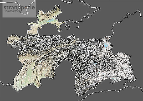 Reliefkarte von Tadschikistan (mit Rand und Maske). Dieses Bild wurde aus Daten der Satelliten Landsat 5 und 7 in Kombination mit Höhendaten erstellt.