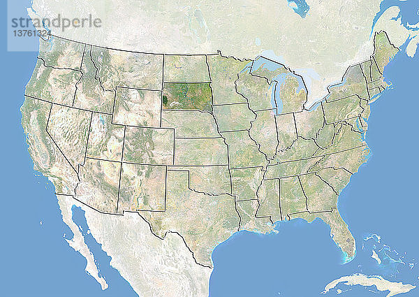 Satellitenbild der Vereinigten Staaten mit Bodenwelleneffekt  das den Bundesstaat South Dakota zeigt. Dieses Bild wurde aus Daten der Satelliten LANDSAT 5 und 7 in Kombination mit Höhendaten erstellt.