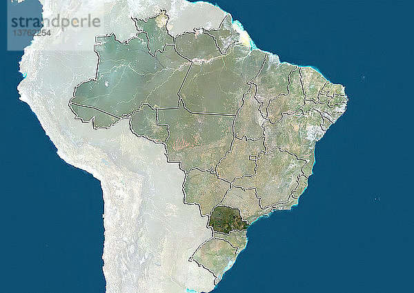 Satellitenbild von Brasilien  das den Bundesstaat Parana zeigt. Dieses Bild wurde aus Daten zusammengestellt  die von den Satelliten LANDSAT 5 und 7 erfasst wurden.