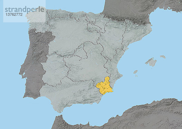 Reliefkarte von Murcia  Spanien. Dieses Bild wurde aus Daten der Satelliten LANDSAT 5 und 7 in Kombination mit Höhendaten erstellt.