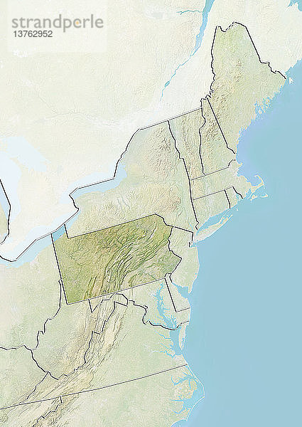 Reliefkarte des Bundesstaates Pennsylvania und eines Teils der US-Ostküste. Dieses Bild wurde aus Daten der Satelliten LANDSAT 5 und 7 in Kombination mit Höhendaten erstellt.