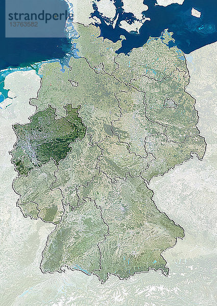 Satellitenbild von Deutschland  das das Bundesland Nordrhein-Westfalen zeigt. Dieses Bild wurde aus Daten der Satelliten LANDSAT 5 und 7 zusammengestellt.