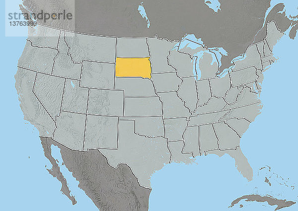 Reliefkarte des Bundesstaates South Dakota  Vereinigte Staaten. Dieses Bild wurde aus Daten der Satelliten LANDSAT 5 und 7 in Kombination mit Höhendaten erstellt.