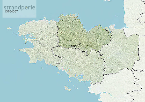 Reliefkarte des Departements Cotes-d´Armor in der Bretagne  Frankreich. Es wird im Norden durch den Ärmelkanal begrenzt. Dieses Bild wurde aus Höhendaten verarbeitet.