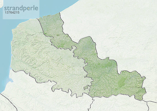 Reliefkarte des Departements Nord in Nord-Pas-de-Calais  Frankreich. Es wird im Norden von der Nordsee und im Osten von Belgien begrenzt. Dieses Bild wurde aus Daten der Satelliten LANDSAT 5 und 7 in Kombination mit Höhendaten erstellt.