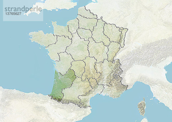 Reliefkarte von Frankreich  die die Region Aquitaine zeigt. Dieses Bild wurde aus Daten der Satelliten LANDSAT 5 und 7 in Kombination mit Höhendaten erstellt.