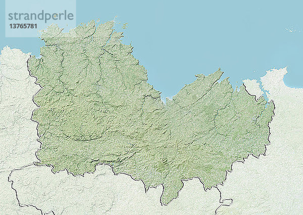 Reliefkarte des Departements Cotes-d´Armor  Frankreich. Es wird im Norden durch den Ärmelkanal begrenzt. Dieses Bild wurde aus Daten der Satelliten LANDSAT 5 und 7 in Kombination mit Höhendaten erstellt.