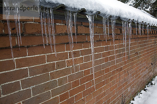 Eiszapfen hängen an einer roten Backsteinmauer herunter