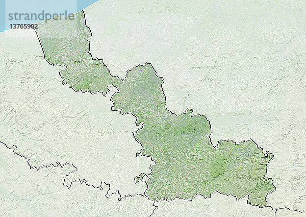 Reliefkarte des Departements Nord  Frankreich. Es wird im Norden von der Nordsee und im Osten von Belgien begrenzt. Dieses Bild wurde aus Daten der Satelliten LANDSAT 5 und 7 in Kombination mit Höhendaten erstellt.