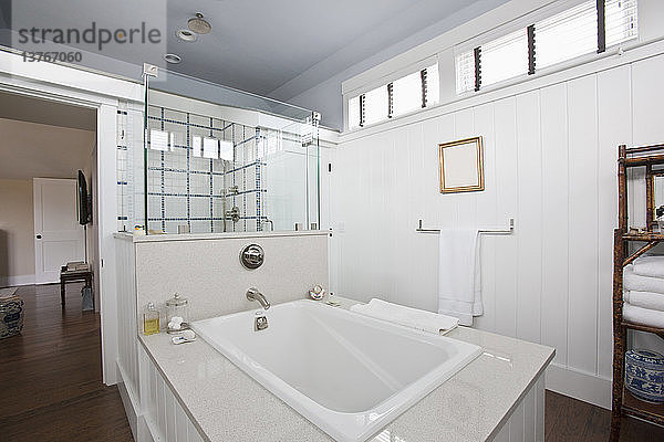 Badezimmer  Dusche und Badewanne in einem Green Technology Home  das wasser- und schimmelresistent ist  in einem Green Technology Home