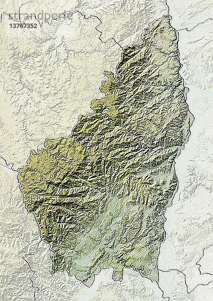 Reliefkarte des Departements Ardeche  Frankreich. Es wird im Osten durch das Rhonetal begrenzt. Dieses Bild wurde aus Daten der Satelliten LANDSAT 5 und 7 in Kombination mit Höhendaten erstellt.