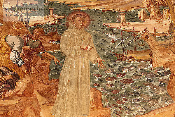 Basilica di Santa Caterina  Galatina  Apulien Fresko im Kreuzgang  der Heilige Antonius predigt den Fischen Gemalt von Fr. Joseph von Gravina im Jahr 1696