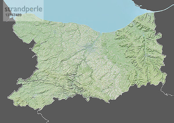 Reliefkarte des Departements Calvados  Frankreich. Es wird im Norden durch den Ärmelkanal begrenzt und umfasst den berühmten Badeort Deauville. Dieses Bild wurde aus Daten der Satelliten LANDSAT 5 und 7 in Kombination mit Höhendaten erstellt.