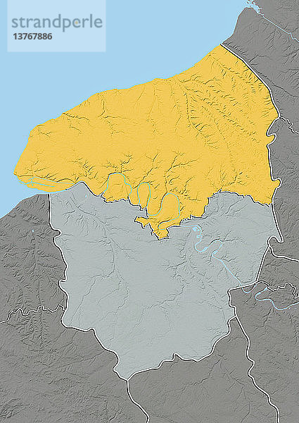 Reliefkarte des Departements Seine-Maritime in der Haute-Normandie  Frankreich. Es liegt an der Nordküste Frankreichs  an der Mündung der Seine. Dieses Bild wurde aus Höhendaten verarbeitet.