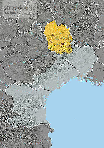 Reliefkarte des Departements Lozere im Languedoc-Roussillon  Frankreich. Im Südwesten liegen die Causses  eine Reihe von trockenen Hochebenen  die vom Fluss Tarn begrenzt werden. Dieses Bild wurde aus Höhendaten verarbeitet.