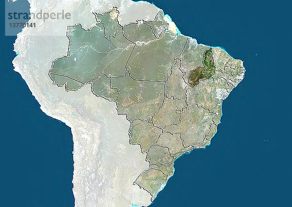 Satellitenbild von Brasilien  das den Bundesstaat Piaui zeigt. Dieses Bild wurde aus Daten zusammengestellt  die von den Satelliten LANDSAT 5 und 7 erfasst wurden.