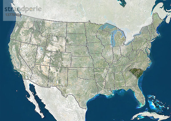 Satellitenbild der Vereinigten Staaten  das den Bundesstaat South Carolina zeigt. Dieses Bild wurde aus Daten zusammengestellt  die von den Satelliten LANDSAT 5 und 7 erfasst wurden.