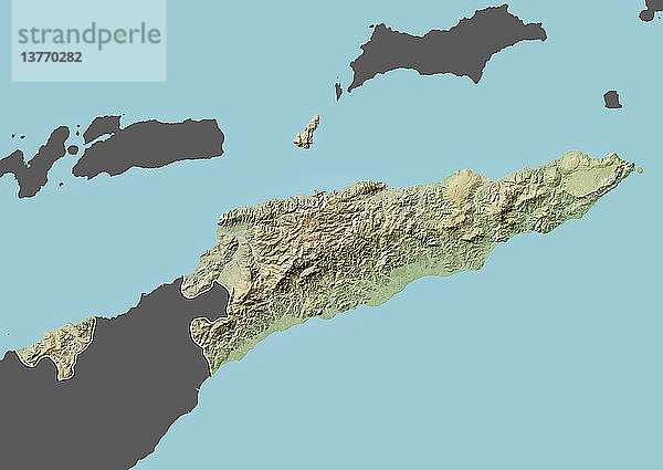 Reliefkarte von Osttimor (mit Grenze und Maske). Dieses Bild wurde aus Daten der Satelliten Landsat 5 und 7 in Kombination mit Höhendaten erstellt.