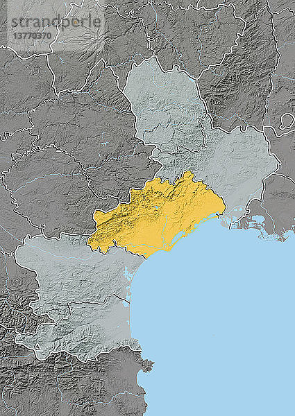 Reliefkarte des Departements Herault im Languedoc-Roussillon  Frankreich. Im Norden befinden sich die Cevennen und im Süden das Mittelmeer. Dieses Bild wurde aus Höhendaten verarbeitet.