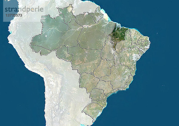 Satellitenbild von Brasilien  das den Bundesstaat Maranhao zeigt. Dieses Bild wurde aus Daten zusammengestellt  die von den Satelliten LANDSAT 5 und 7 erfasst wurden.