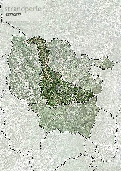 Satellitenbild des Departements Meurthe-et-Moselle in Lothringen  Frankreich. Es grenzt im Norden an Luxemburg und Belgien. Dieses Bild wurde aus Daten der Satelliten LANDSAT 5 und 7 erstellt.
