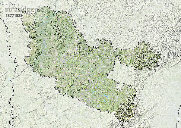 Reliefkarte des Departements Moselle  Frankreich. Es grenzt im Norden an Luxemburg und Deutschland. Dieses Bild wurde aus Daten der Satelliten LANDSAT 5 und 7 in Kombination mit Höhendaten erstellt.