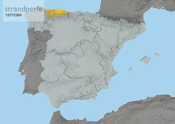 Reliefkarte von Asturien  Spanien. Dieses Bild wurde aus Daten der Satelliten LANDSAT 5 und 7 in Kombination mit Höhendaten erstellt.