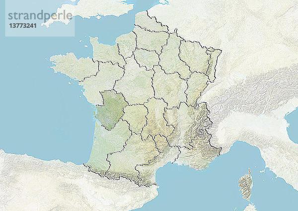 Reliefkarte von Frankreich  die die Region Poitou-Charentes zeigt. Dieses Bild wurde aus Daten der Satelliten LANDSAT 5 und 7 in Kombination mit Höhendaten erstellt.