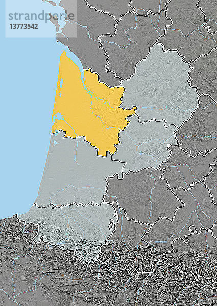Reliefkarte des Departements Gironde in Aquitanien  Frankreich. Im Westen grenzt es an den Atlantischen Ozean. Das Gebiet ist bekannt für die Weinregion Bordeaux. Dieses Bild wurde aus Höhendaten verarbeitet.