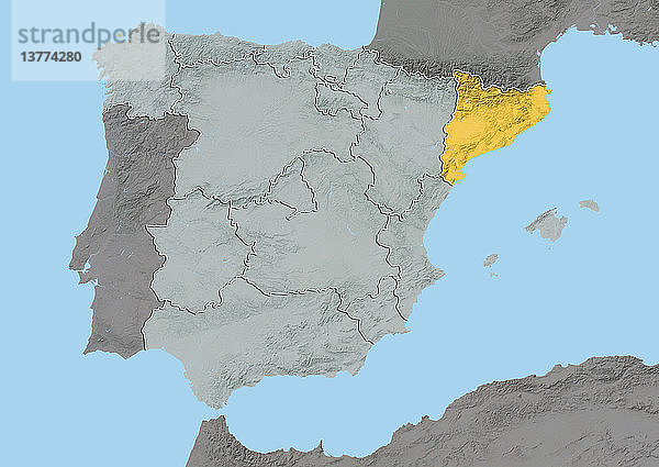 Reliefkarte von Katalonien  Spanien. Dieses Bild wurde aus Daten der Satelliten LANDSAT 5 und 7 in Kombination mit Höhendaten erstellt.
