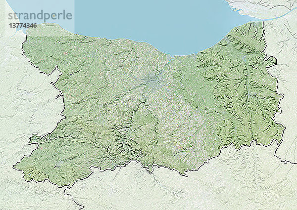 Reliefkarte des Departements Calvados  Frankreich. Es wird im Norden durch den Ärmelkanal begrenzt und umfasst den berühmten Badeort Deauville. Dieses Bild wurde aus Daten der Satelliten LANDSAT 5 und 7 in Kombination mit Höhendaten erstellt.