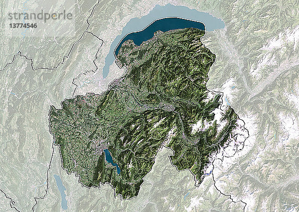 Satellitenbild des Departements Haute-Savoie  Frankreich. Im Norden liegen der Genfer See und die Schweiz  im Süden und Südosten der Mont Blanc und die Alpen. Dieses Bild wurde aus Daten zusammengestellt  die von den Satelliten LANDSAT 5 und 7 erfasst wurden.