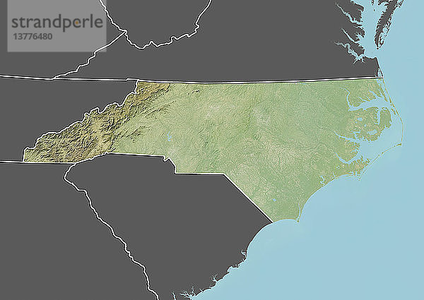 Reliefkarte des Bundesstaates North Carolina  Vereinigte Staaten. Dieses Bild wurde aus Daten der Satelliten LANDSAT 5 und 7 in Kombination mit Höhendaten erstellt.