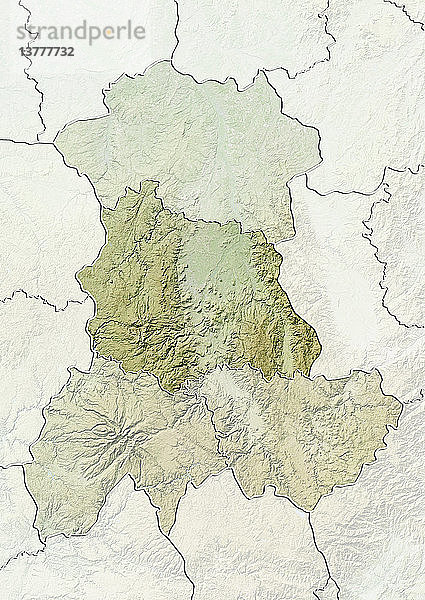 Reliefkarte des Departements Puy-de-Dome in der Auvergne  Frankreich. Es ist bekannt für die Chaine-des-Puys  eine in Nord-Süd-Richtung verlaufende Kette von über 60 Vulkanen. Dieses Bild wurde aus Höhendaten verarbeitet.