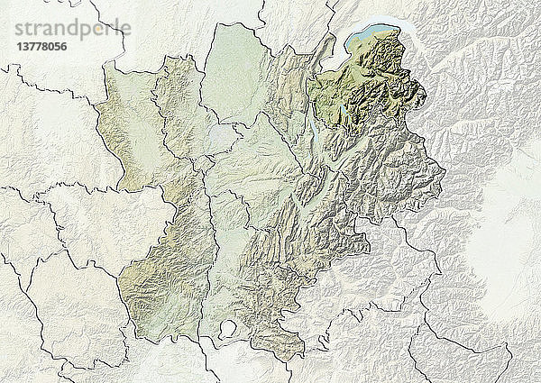 Reliefkarte des Departements Haute-Savoie in Rhone-Alpes  Frankreich. Reliefkarte des Departements Haute-Savoie  Frankreich. Im Norden liegen der Genfer See und die Schweiz  im Süden und Südosten der Mont Blanc und die Alpenkette. Dieses Bild wurde aus Daten der Satelliten LANDSAT 5 und 7 in Kombination mit Höhendaten erstellt.