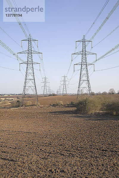 Strommasten und Hochspannungsleitungen quer durch die Landschaft  Claydon  Suffolk  England