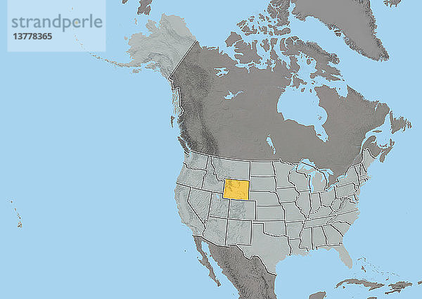 Reliefkarte des Bundesstaates Wyoming  Vereinigte Staaten. Dieses Bild wurde aus Daten der Satelliten LANDSAT 5 und 7 in Kombination mit Höhendaten erstellt.