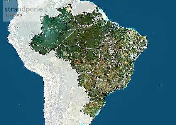 Satellitenbild von Brasilien mit den Grenzen der Bundesstaaten. Dieses Bild wurde aus Daten zusammengestellt  die von den Satelliten LANDSAT 5 und 7 erfasst wurden.