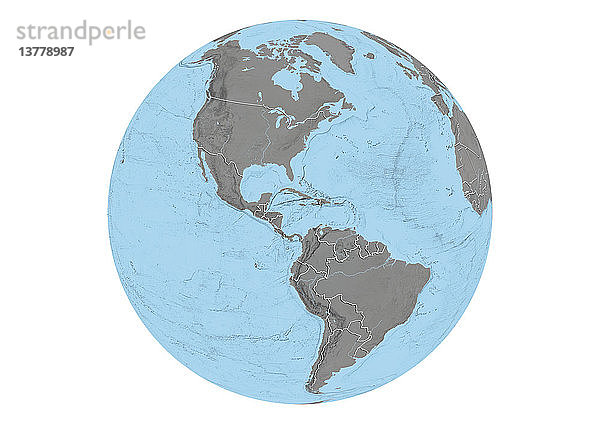 Dieses Bild zeigt den Erdglobus auf weißem Hintergrund mit Schwerpunkt auf Nord- und Südamerika  mit Ländergrenzen und Meeresrelief.
